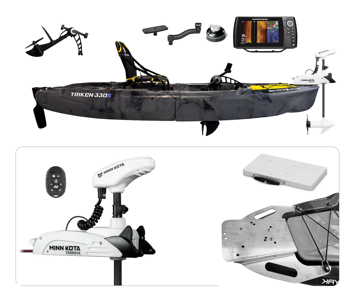 Offerta in Kit Kayak da pesca a pedali Big Mama Triken 330 S divisibile + motore Prua GPS Terrova Kayak Minn Kota 55 lb + Eco Humminbird Helix 7 Jh-h7-650
