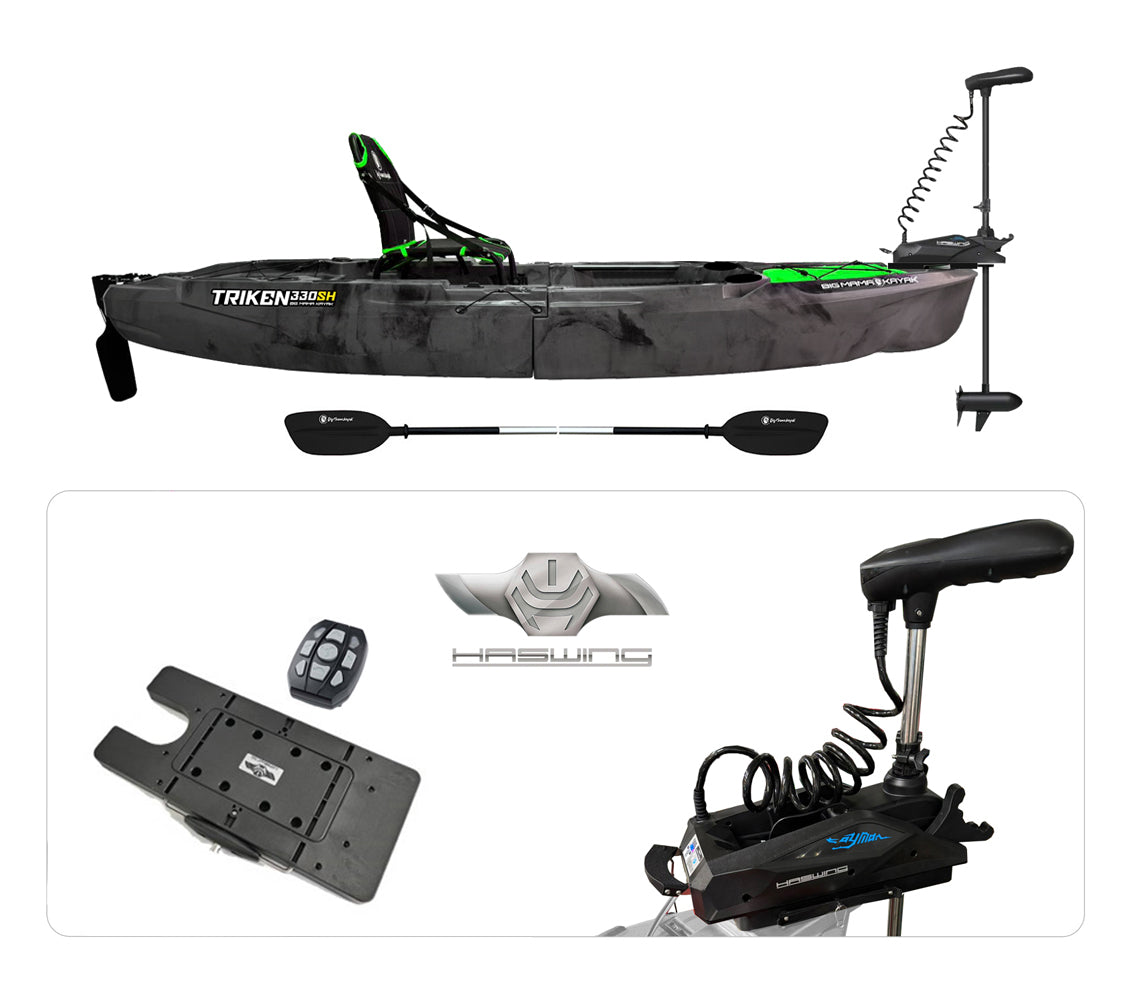 Kayak da pesca a Pedali divisibile Big Mama Triken 330 SH divisibile + motore Prua GPS Haswing Cayman 55 LB