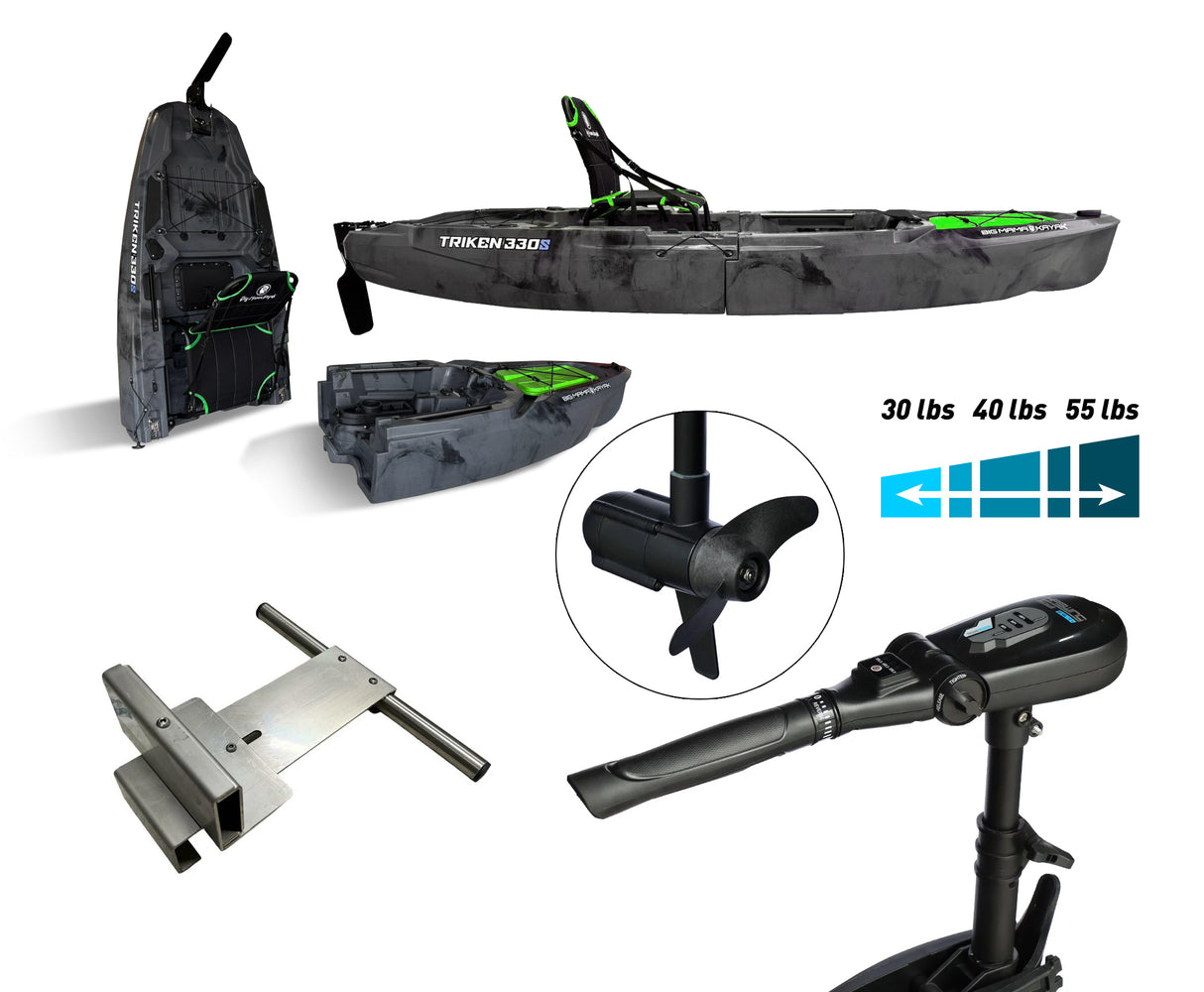 Kayak divisibile da pesca con motore Big Mama Triken 330 S divisibile + supporto motore centrale + motore Haswing Genius + (no pedaliera)