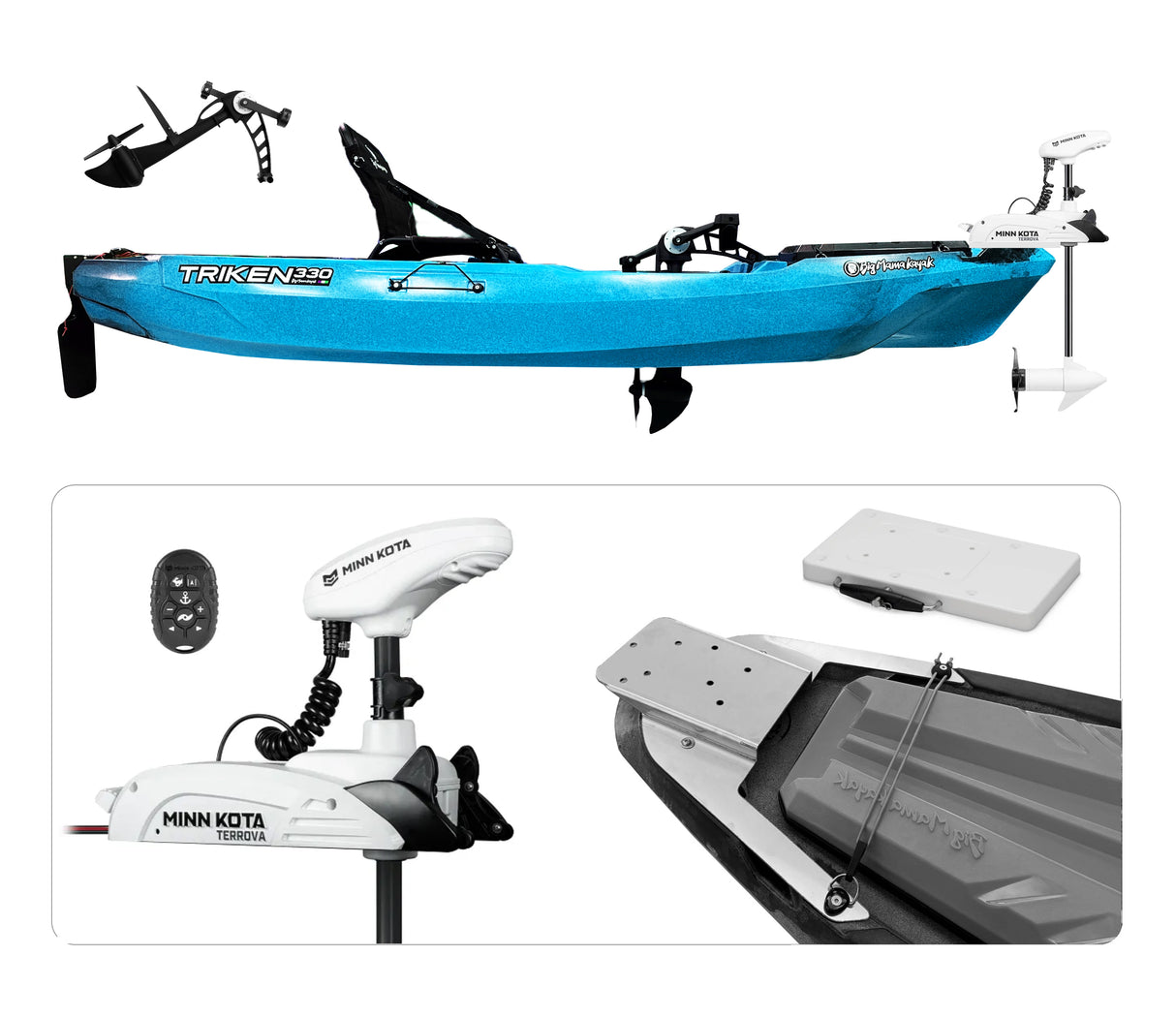 Big Mama Kayak a pedali Triken 330 con Pulpito Inox + Piastra sgancio rapido + motore Terranova KAYAK MINN KOTA 55lb, GPS Spotlock, Autopilota