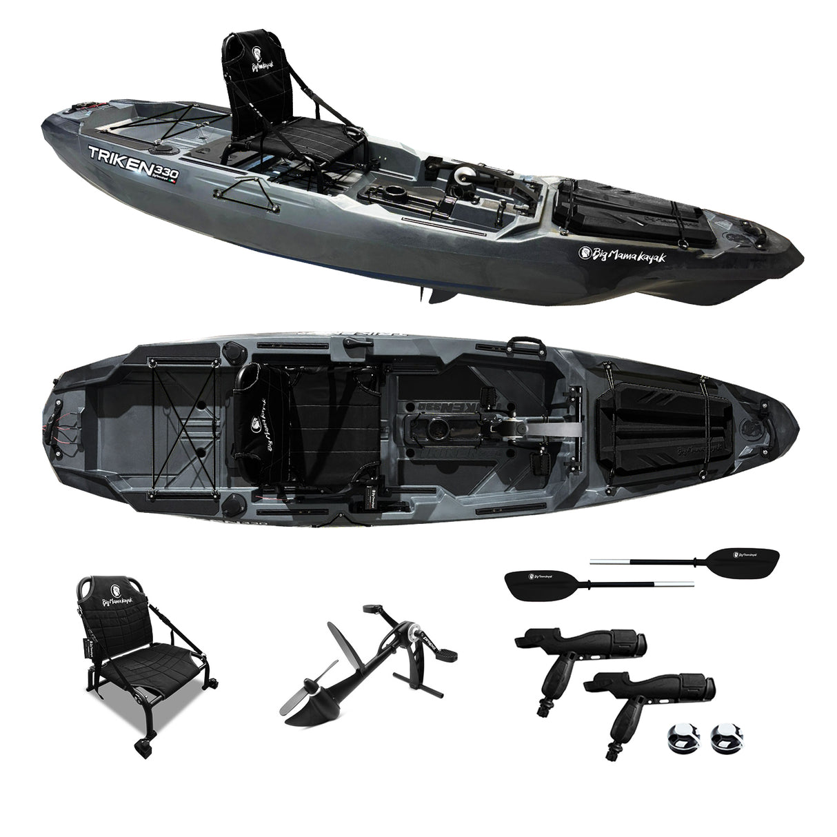 kayak a pedali Big Mama Kayak a pedali Triken 330 - con 4 portacanne, 2 gavoni, timone, sistema a pedali, sedile rialzato, 11 barre di scorrimento, Total Black