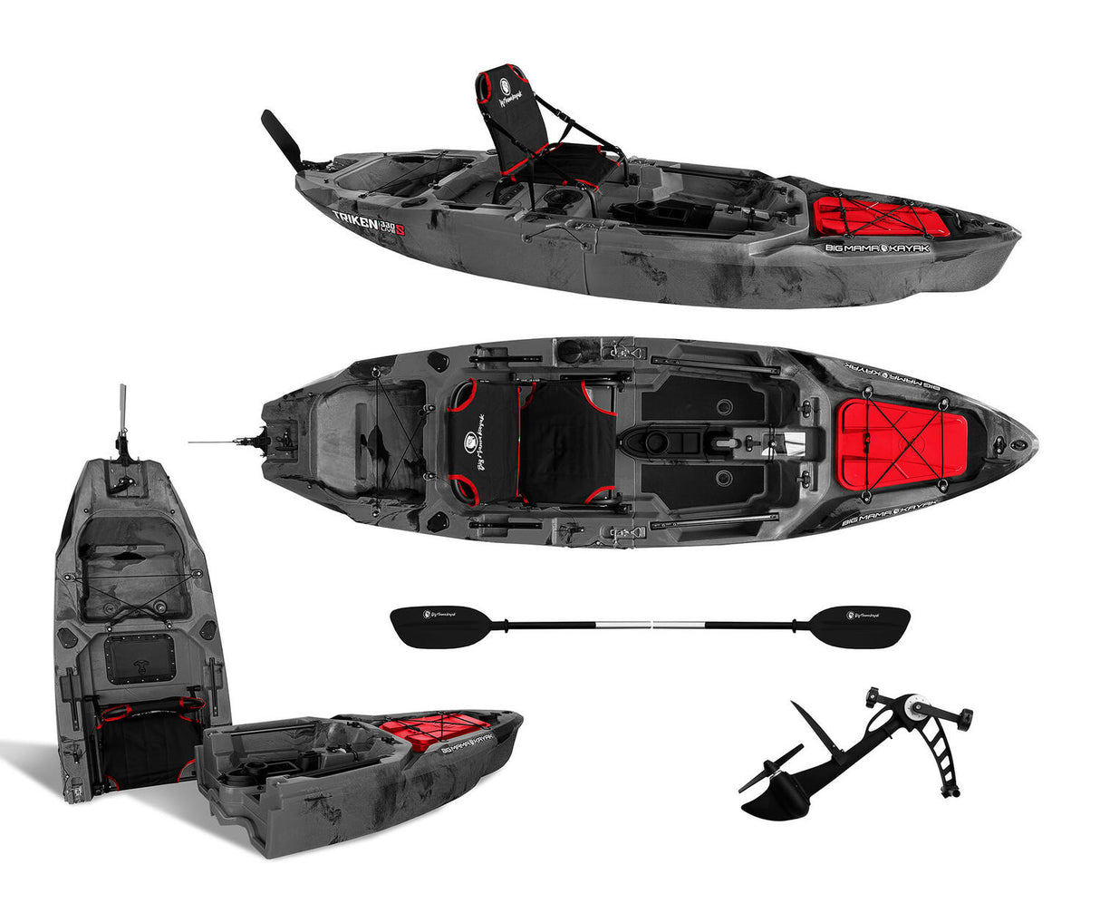 Kayak fishing a Pedali divisibile Big Mama Triken 330 Live S, con ruote e vasca del vivo -Scafo nero/grigio Gavone Rosso