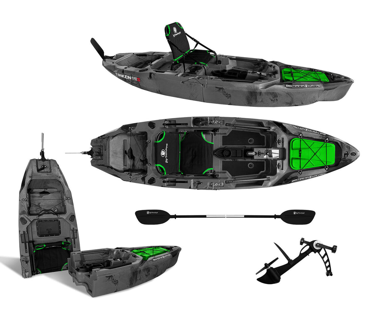 Kayak fishing a Pedali divisibile Big Mama Triken 330 Live S, con ruote e vasca del vivo -Scafo nero/grigio Gavone Rosso