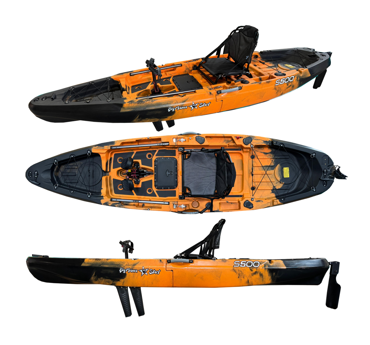 Kayak monoposto divisibile a pedali con pinne Big Mama START S500 componibile + motore Bixpy K1 Angler PRO Kit Outboard con batteria inclusa PP-768 Wh + Adattatore Low Profile Thruhull Pedal Drive