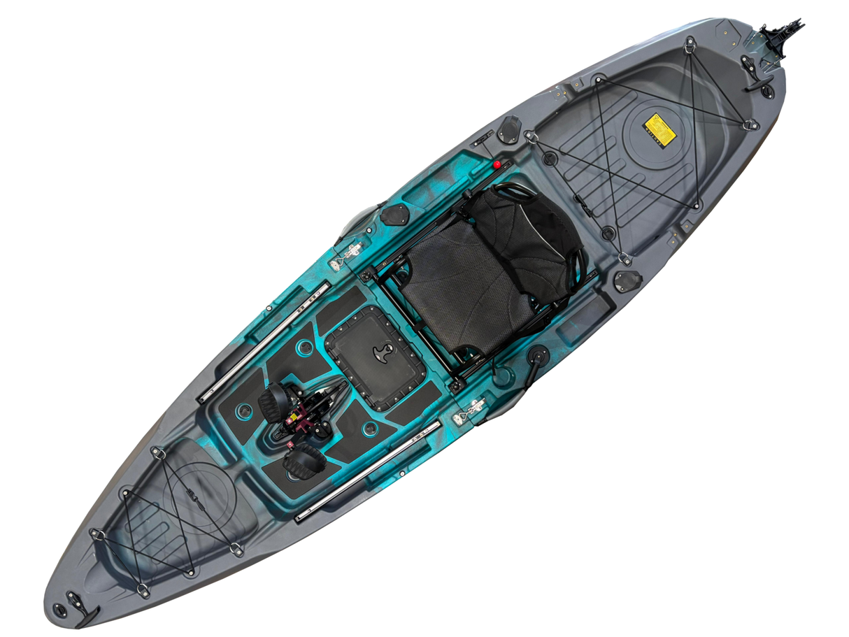 Kayak monoposto divisibile a pedali con pinne Big Mama START S500 componibile + motore Bixpy K1 Angler PRO Kit Outboard con batteria inclusa PP-768 Wh + Adattatore Low Profile Thruhull Pedal Drive