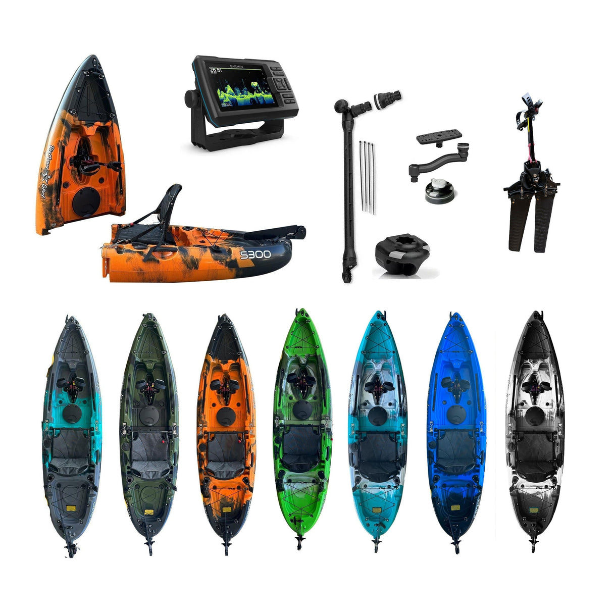 Kayak divisibile a pedali con pinne Big Mama START S300 + GARMIN VIVID 5 cv + kit montaggio schermo ecoscandaglio + kit staffa trasduttore