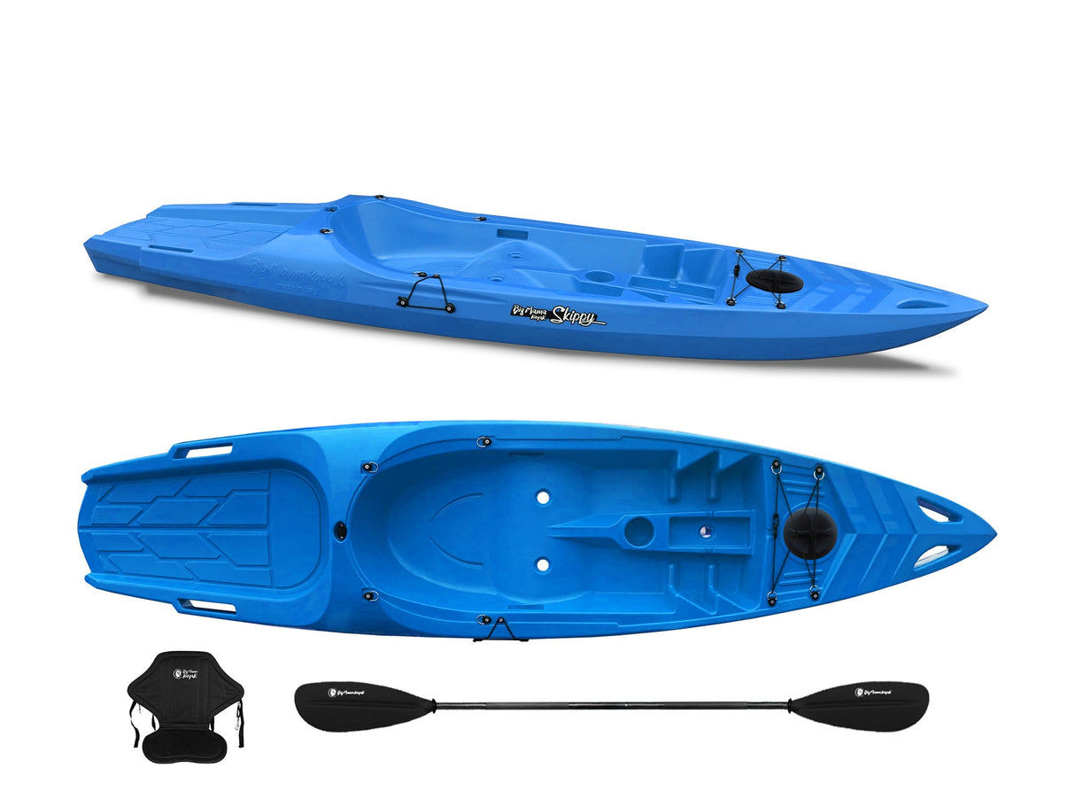 Canoa monoposto Skippy 2.0 Expedition Big Mama Kayak - Kayak 305 cm con 1 posto adulto + 1 bambino + pagaia + seggiolino (FULL PACK) - azzurro
