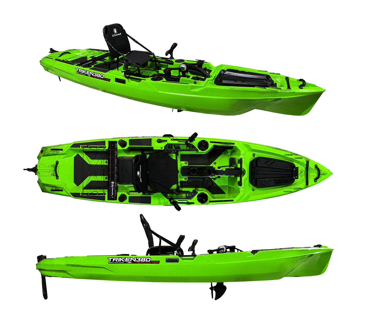 Kayak a pedali Triken 380 REV colore SNAKE GREEN - Canoa Monoposto Fishing 4 portacanne, 2 gavoni, timone, sistema a pedali, sedile rialzato - Big Mama Kayak