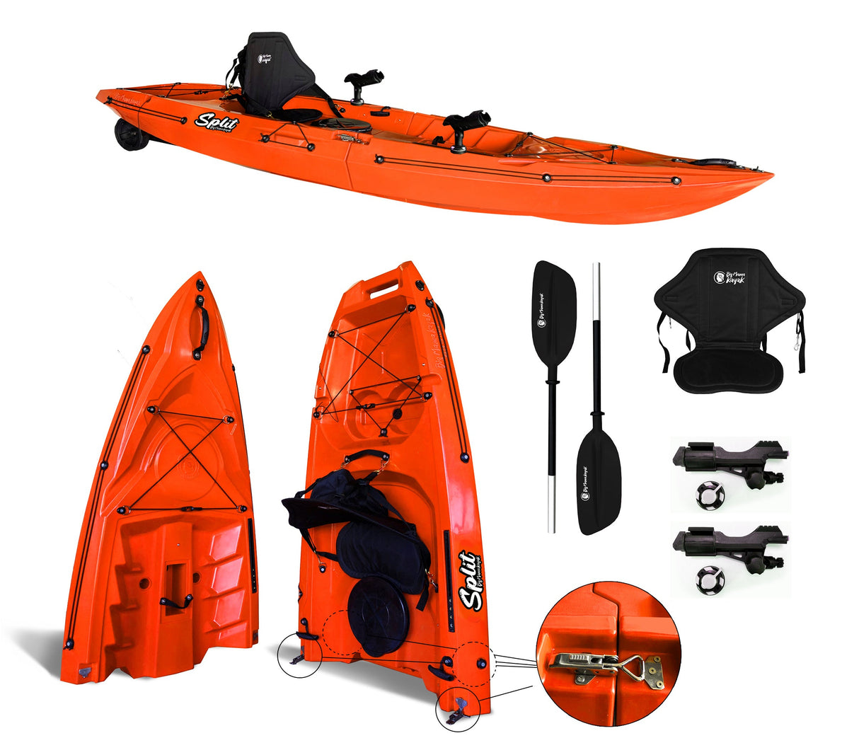 Kayak smontabile Split 1 Fishing Big Mama Kayak con 2 ruote e 1 gavone, 1 seggiolino, 1 pagaia, 2 portacanne + Garmin VIVID 5 cv
