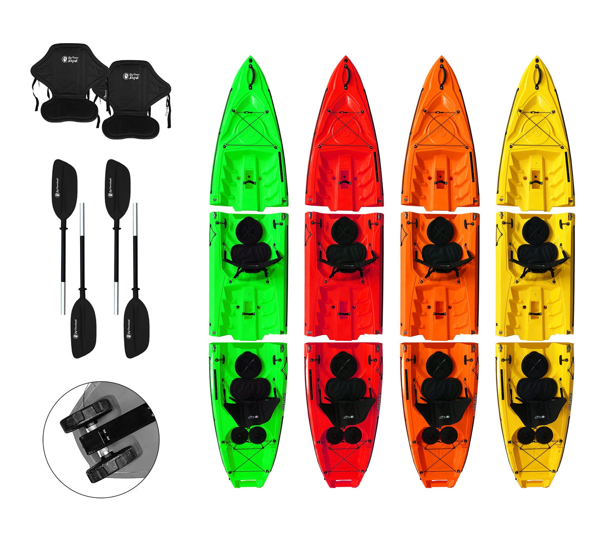 Kayak smontabile Split 2 Big Mama kayak con 2 ruote e 2 gavoni, 2 seggiolini, 2 pagaie