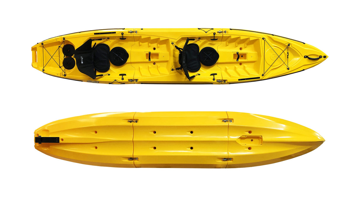 kayak componibile Split 2 Fishing Big Mama Kayak, canoa biposto modulare, si monta in 30 secondi, 2 portacanne (giallo)