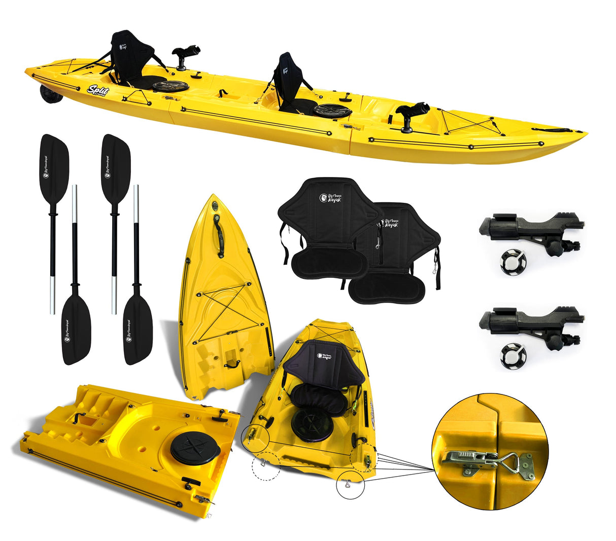 kayak componibile Split 2 Fishing Big Mama Kayak, canoa biposto modulare, si monta in 30 secondi, 2 portacanne (giallo)