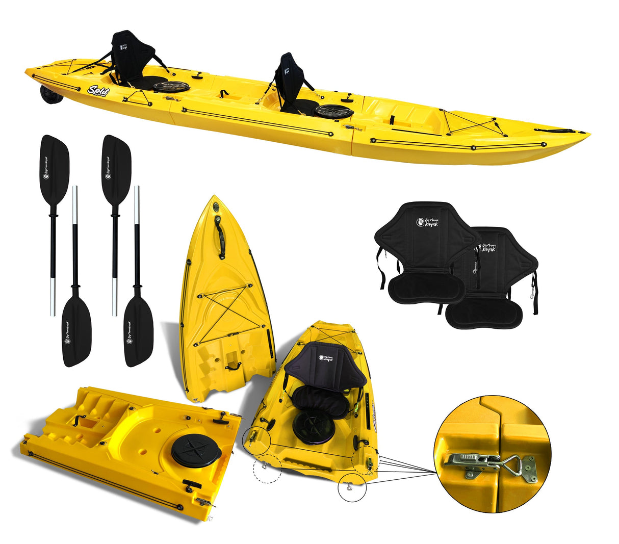 Kayak smontabile Split 2 Big Mama kayak con 2 ruote e 2 gavoni, 2 seggiolini, 2 pagaie