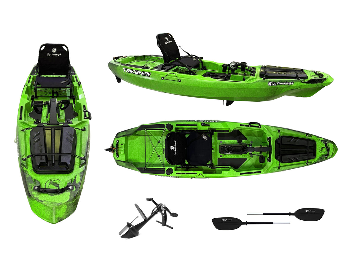 kayak a pedali Big Mama Kayak a pedali Triken 330 - con 4 portacanne, 2 gavoni, timone, sistema a pedali, sedile rialzato, 11 barre di scorrimento, Total Black
