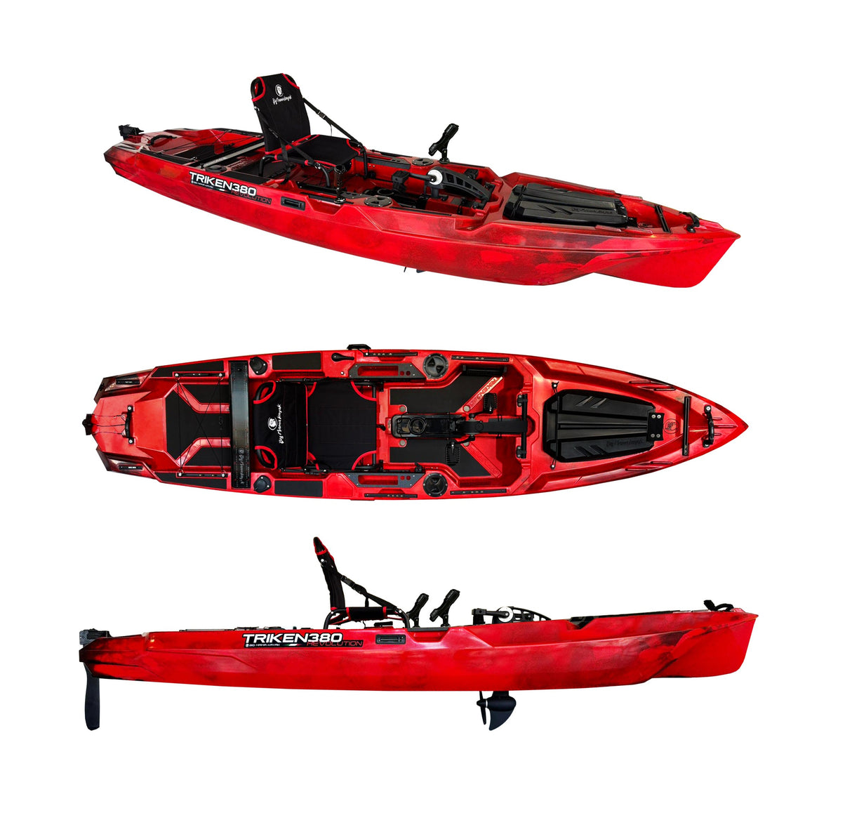 Kayak a pedali Triken  380 REV colore DEVIL - Canoa Monoposto Fishing 4 portacanne, 2 gavoni, timone, sistema a pedali, sedile rialzato - Big Mama Kayak