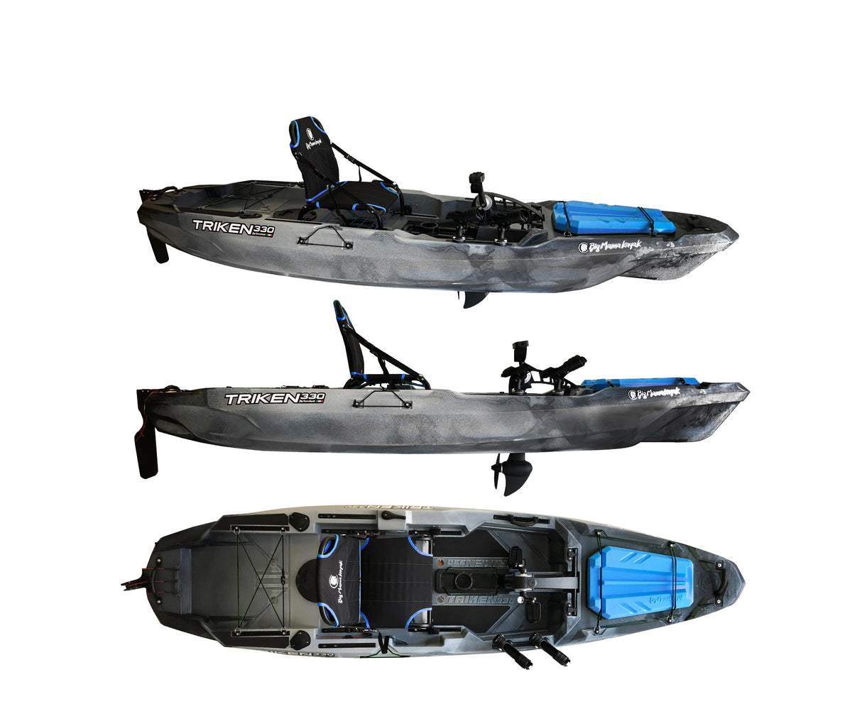 Big mama kayak a pedali triken 330 - canoa monoposto fishing con 4 portacanne, 2 gavoni, timone, sistema di pedali, sedile rialzato, 11 barre di scorrimento ver. coperchio azzurro