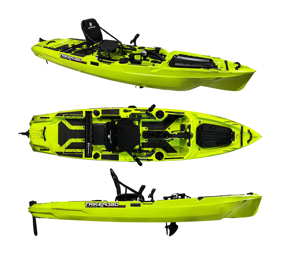 Kayak a pedali Triken 380 REV colore VIPER GREEN - Canoa monoposto fishing 4 portacanne, 2 gavoni, timone, sistema a pedali, sedile rialzato - Big Mama Kayak