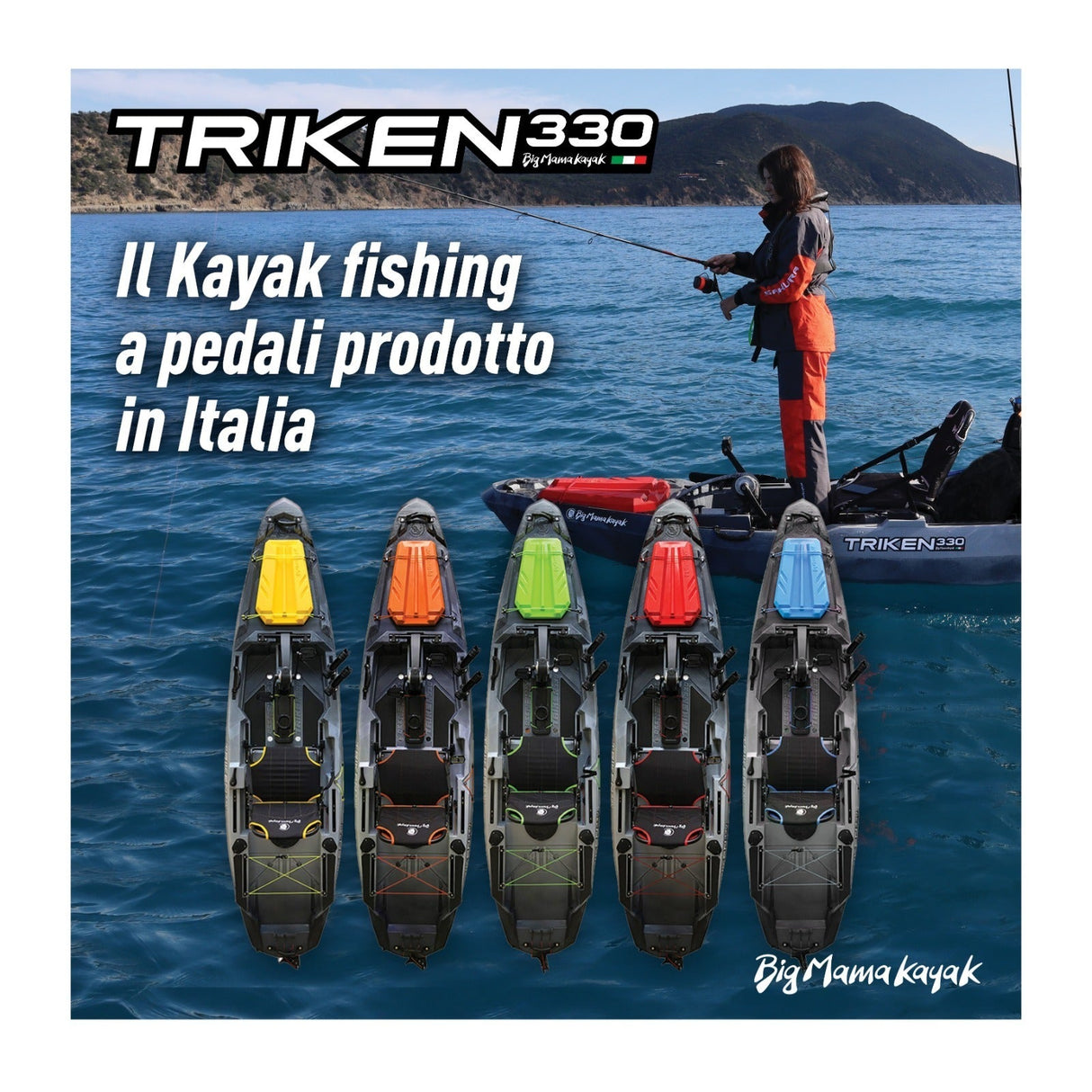 Big mama kayak a pedali triken 330 - canoa monoposto fishing con 4 portacanne, 2 gavoni, timone, sistema di pedali, sedile rialzato, 11 barre di scorrimento ver. coperchio verde