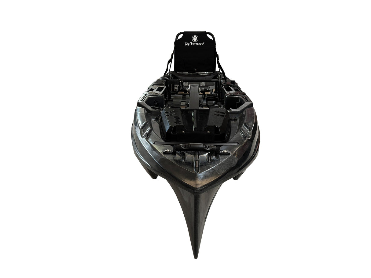 Kayak a pedali a pedali Triken 380 REV total black - Canoa monoposto fishing 4 portacanne, 2 gavoni, timone, sistema a pedali, sedile rialzato - Big Mama Kayak