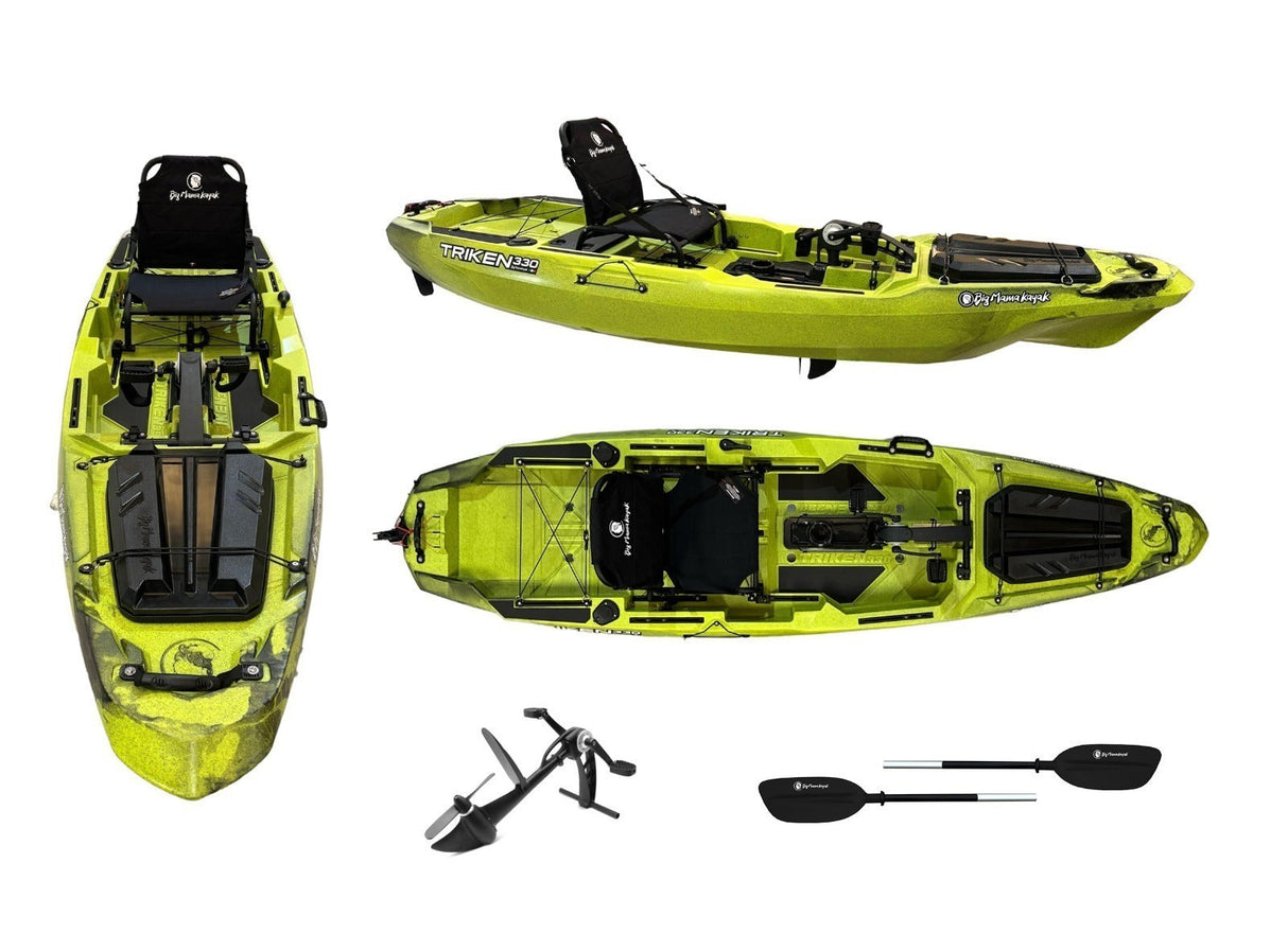 kayak a pedali Big Mama Kayak a pedali Triken 330 - con 4 portacanne, 2 gavoni, timone, sistema a pedali, sedile rialzato, 11 barre di scorrimento, Total Black