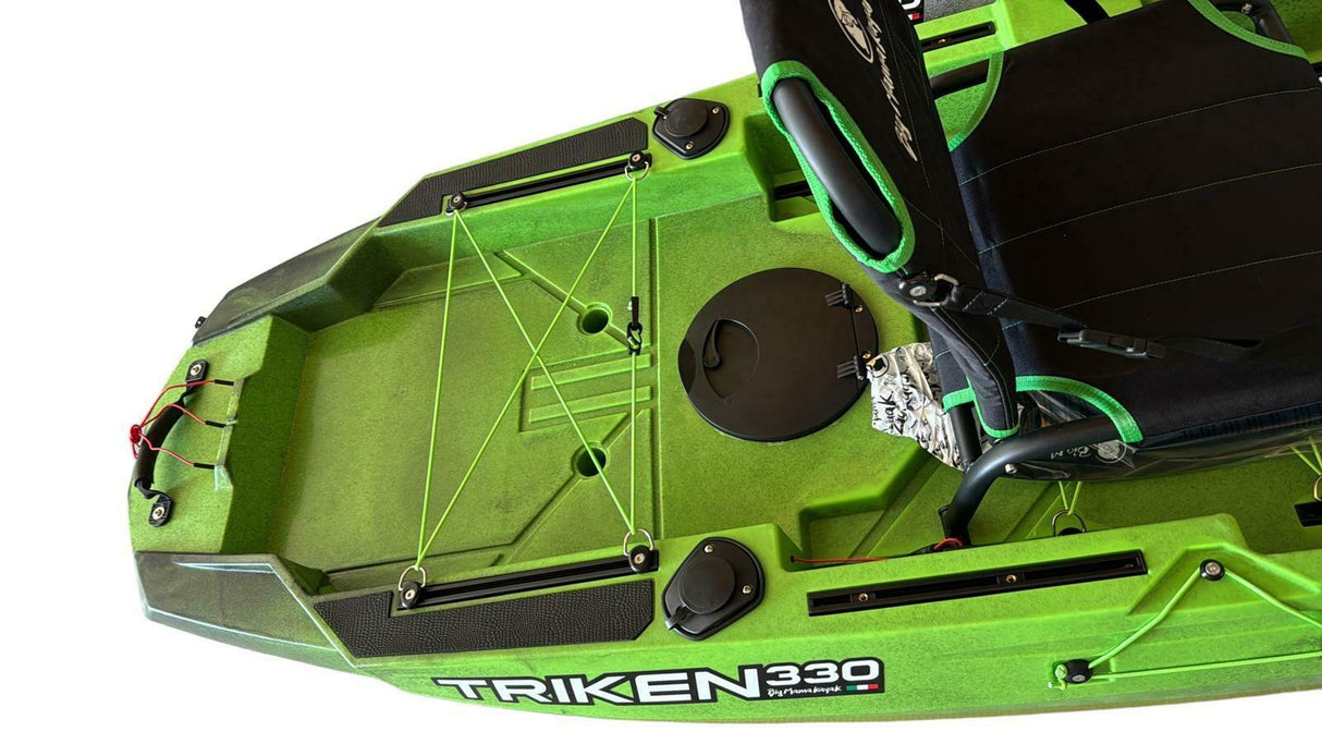 kayak a pedali Big Mama Kayak a pedali Triken 330 - con 4 portacanne, 2 gavoni, timone, sistema a pedali, sedile rialzato, 11 barre di scorrimento, Total Black