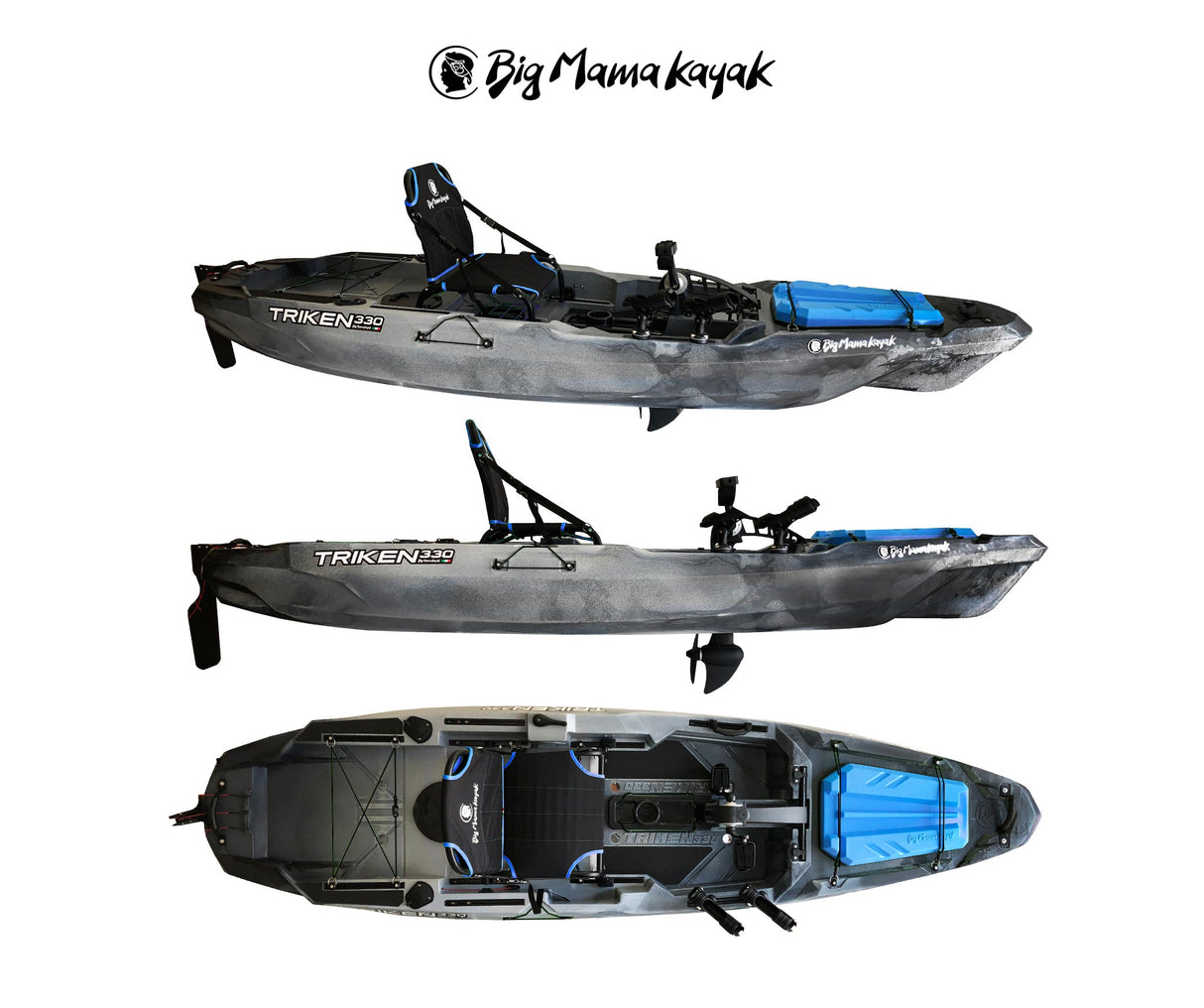 kayak a pedali Big Mama Kayak a pedali Triken 330 - con 4 portacanne, 2 gavoni, timone, sistema a pedali, sedile rialzato, 11 barre di scorrimento, antracite