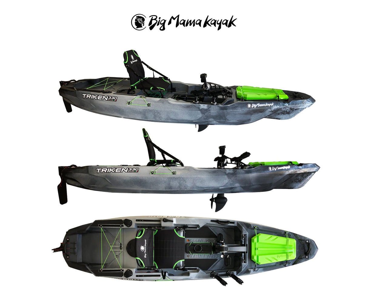 Big mama kayak a pedali triken 330 - canoa monoposto fishing con 4 portacanne, 2 gavoni, timone, sistema di pedali, sedile rialzato, 11 barre di scorrimento ver. coperchio verde