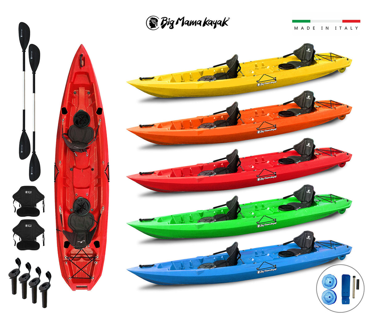 kayak biposto Mojito FISHING Big Mama Kayak canoa con 2 + 1 Posti 380 Cm + 2 Pagaie + 2 seggiolini + 2 Gavoni + 2 ruote integrate + 4 portacanne (FULL PACK)