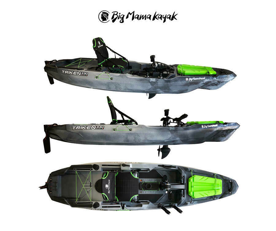 Big mama kayak a pedali triken 330 - canoa monoposto fishing con 4 portacanne, 2 gavoni, timone, sistema di pedali, sedile rialzato, 11 barre di scorrimento