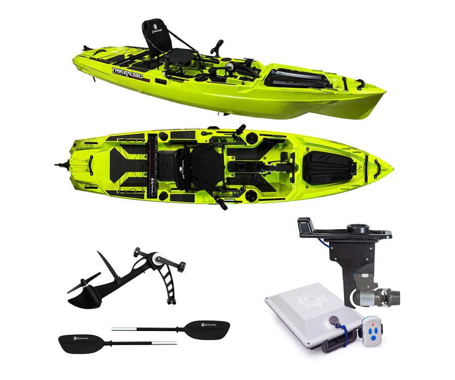 BIG MAMA KAYAK A PEDALI TRIKEN 380 Revolution + motore elettrico BIXPY K1 Outboard Kit con batteria PP-378 Wh v4 + Adattatore Hoodoo Pedal Drive
